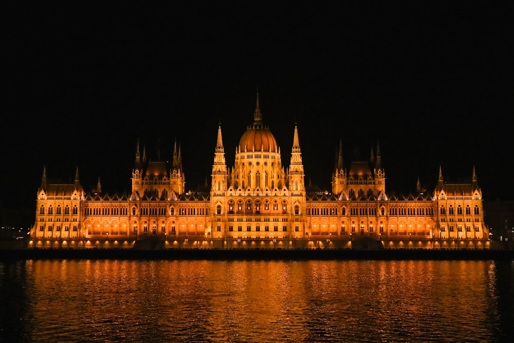 a large building with a domed roof with Hungarian Parliament Building in the background