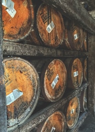 Small wooden barrels aging heritage spirits in a sunlit cellar.