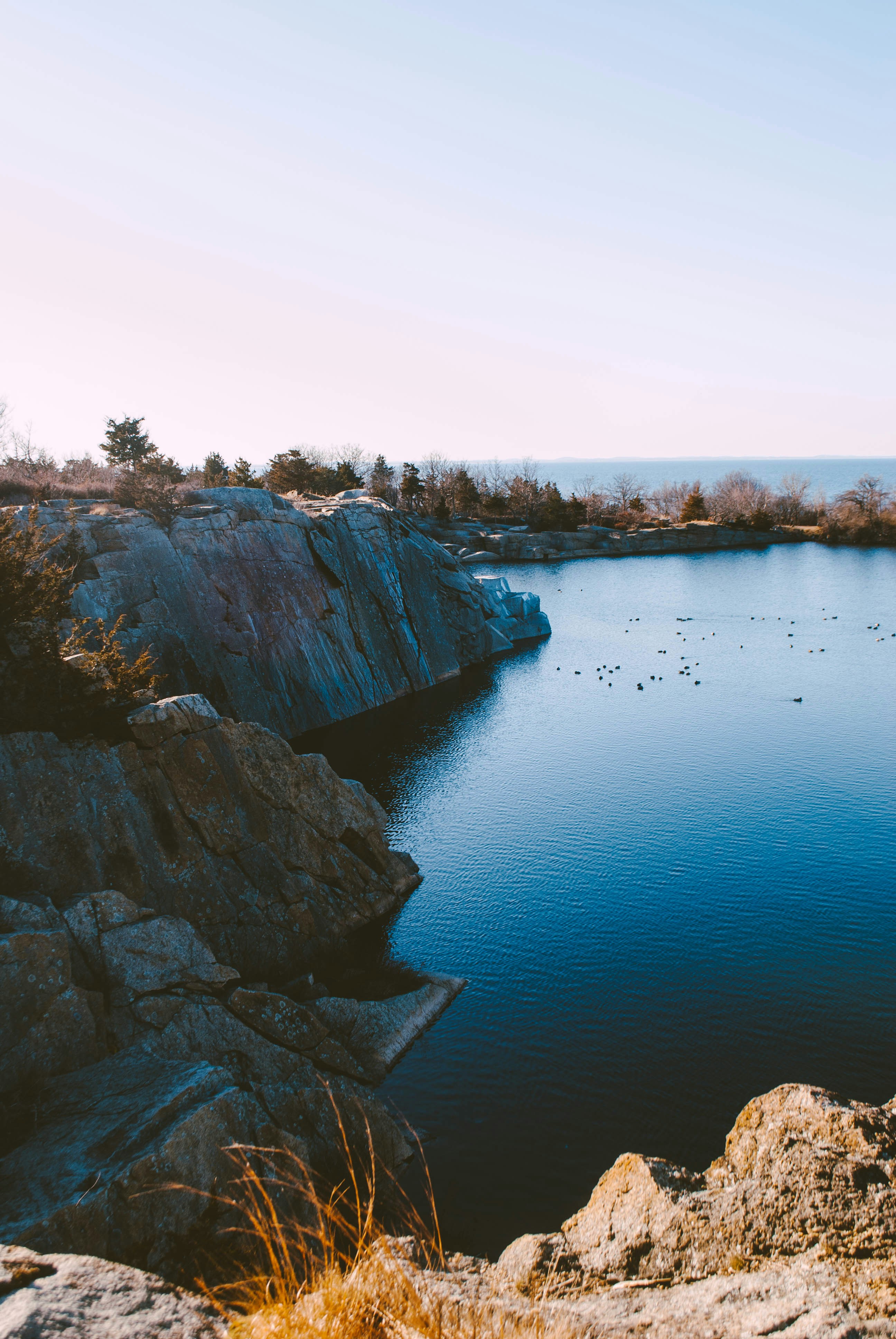 a body of water with rocks and trees around it