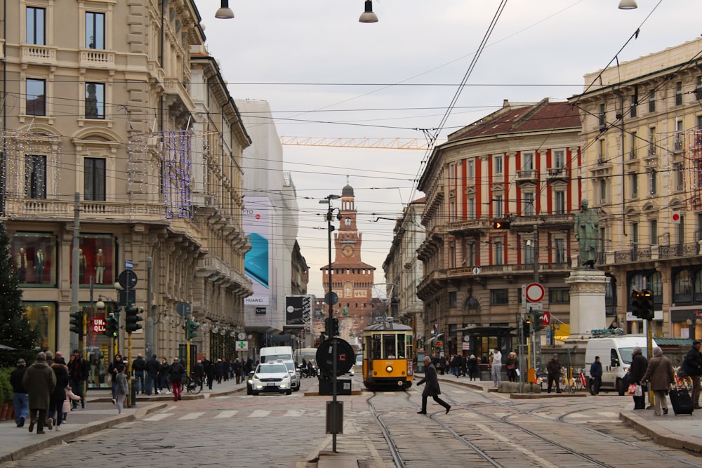 a city street with a trolley