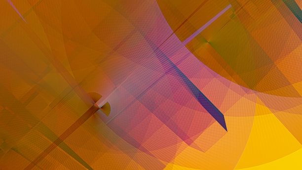 An abstract composition featuring a dynamic interplay of geometric shapes and lines. Predominantly curved and angular forms in varying opacities create a sense of depth and motion. The layering of textures adds complexity, with overlapping regions creating new color variations.