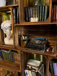Contemporary bookshelf filled with books and decorative items in a home office
