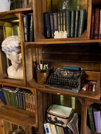 Contemporary bookshelf filled with books and decorative items in a home office