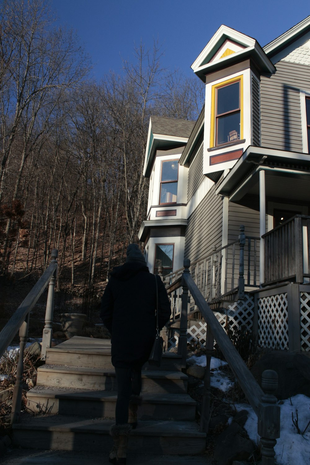 a person walking up a set of stairs to a house