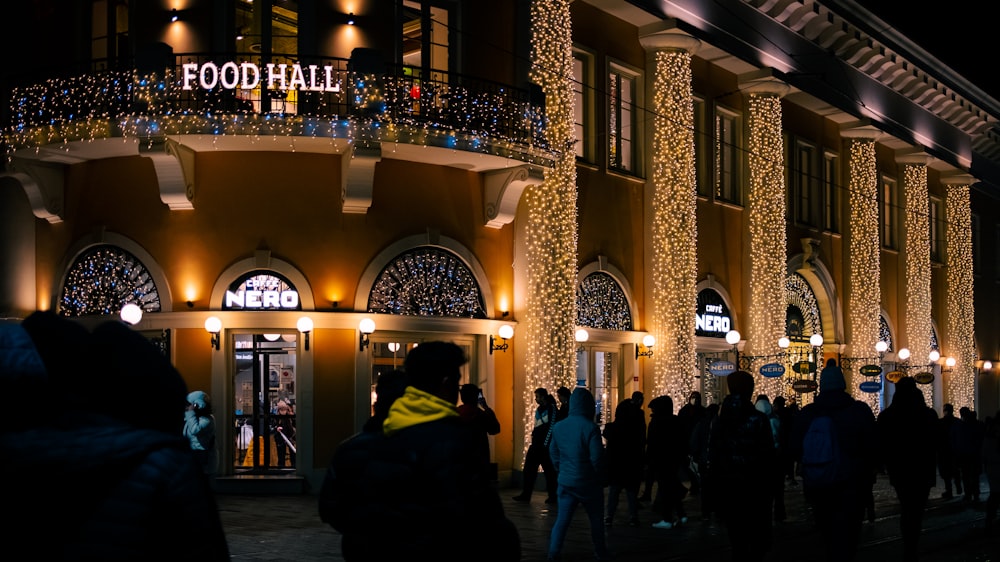 a group of people in a building