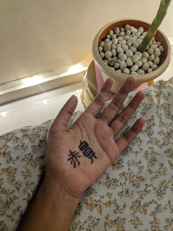 A hand with black ink drawings or symbols on the palm is resting on a patterned fabric. Nearby, there is a potted plant with white pebbles on the surface. The pot is placed near a wall with subtle lighting.