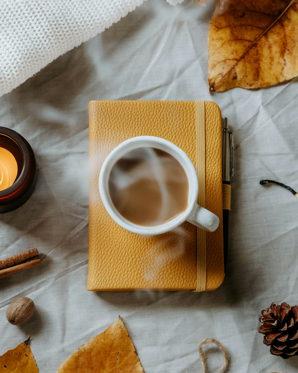 a cup of coffee on a wooden table