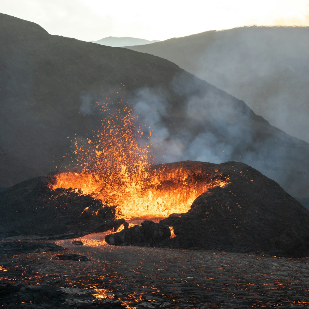 a volcano erupting with lava