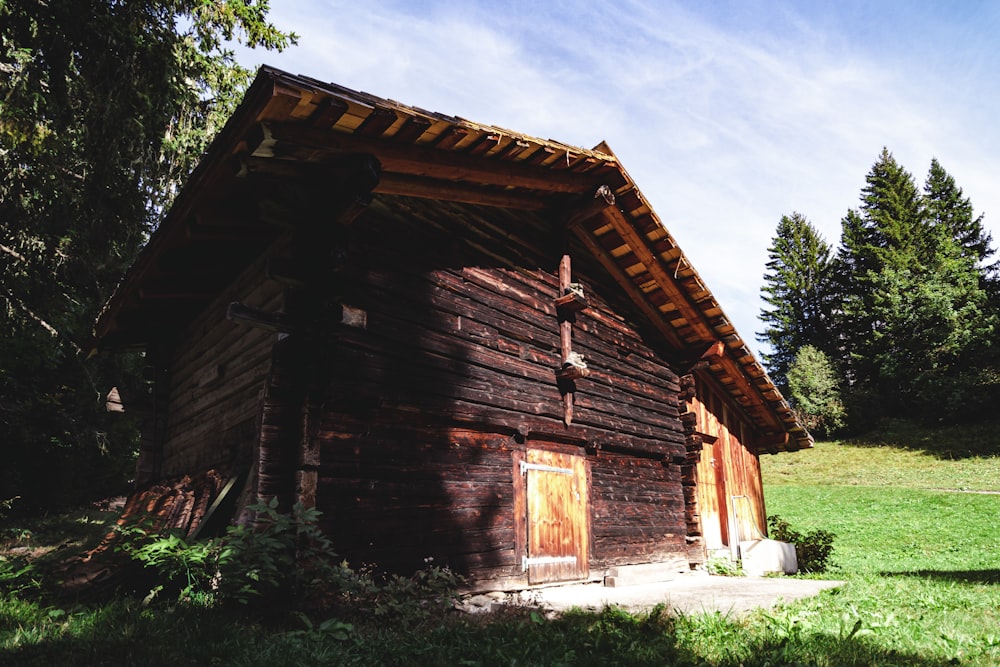 a wood building with a door