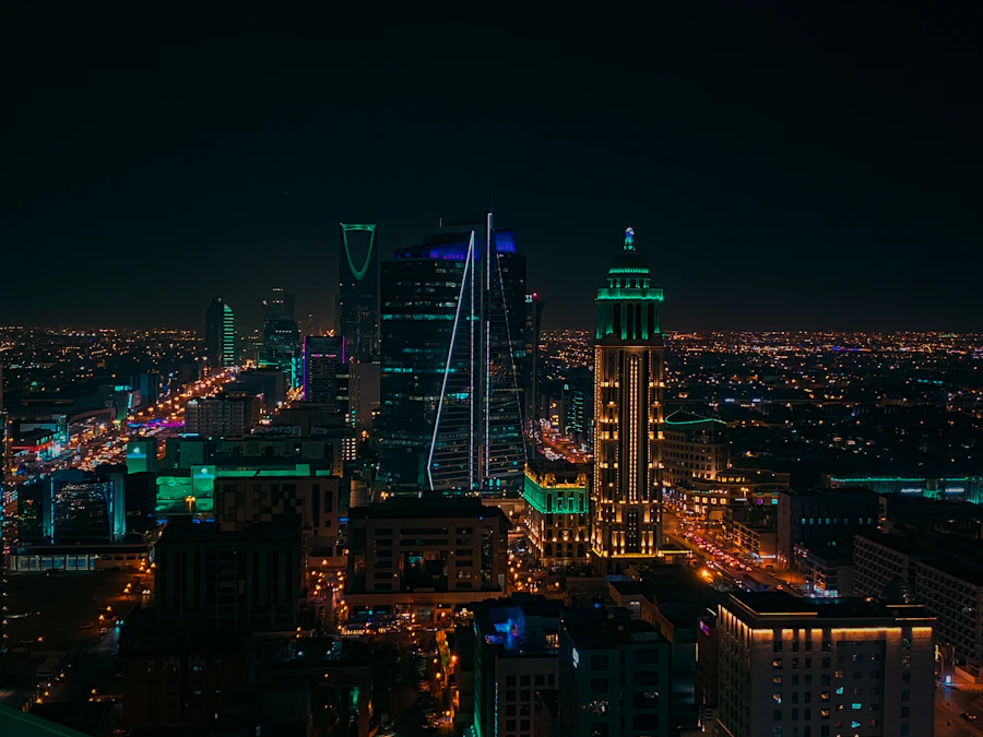The Riyadh skyline lit up at night