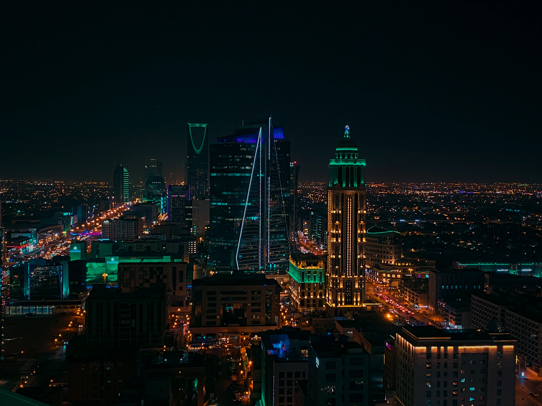 Photograph of Riyadh skyline illuminated at night