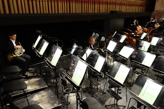 An orchestra pit with empty music stands and a few musicians present. One musician holding a French horn sits on the left side, while others, including string players, are scattered towards the right. The area is dimly lit, with a decorative wall above.