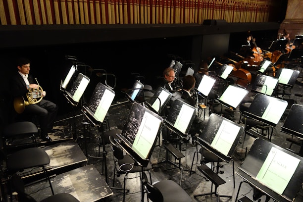 An orchestra pit with empty music stands and a few musicians present. One musician holding a French horn sits on the left side, while others, including string players, are scattered towards the right. The area is dimly lit, with a decorative wall above.
