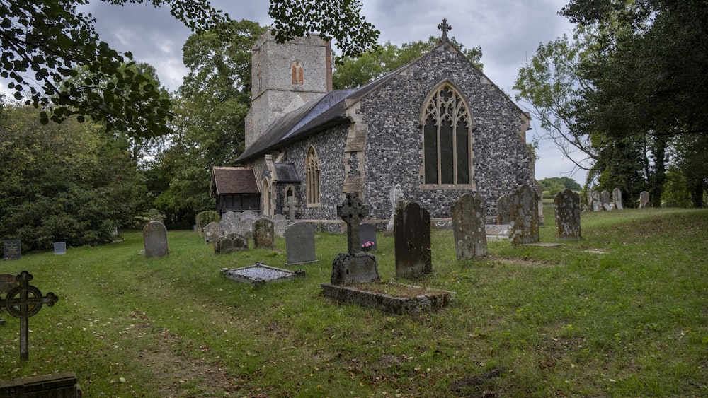 a cemetery with a church
