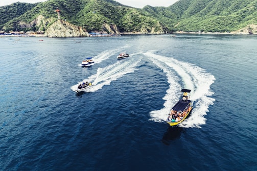 a group of boats on the water