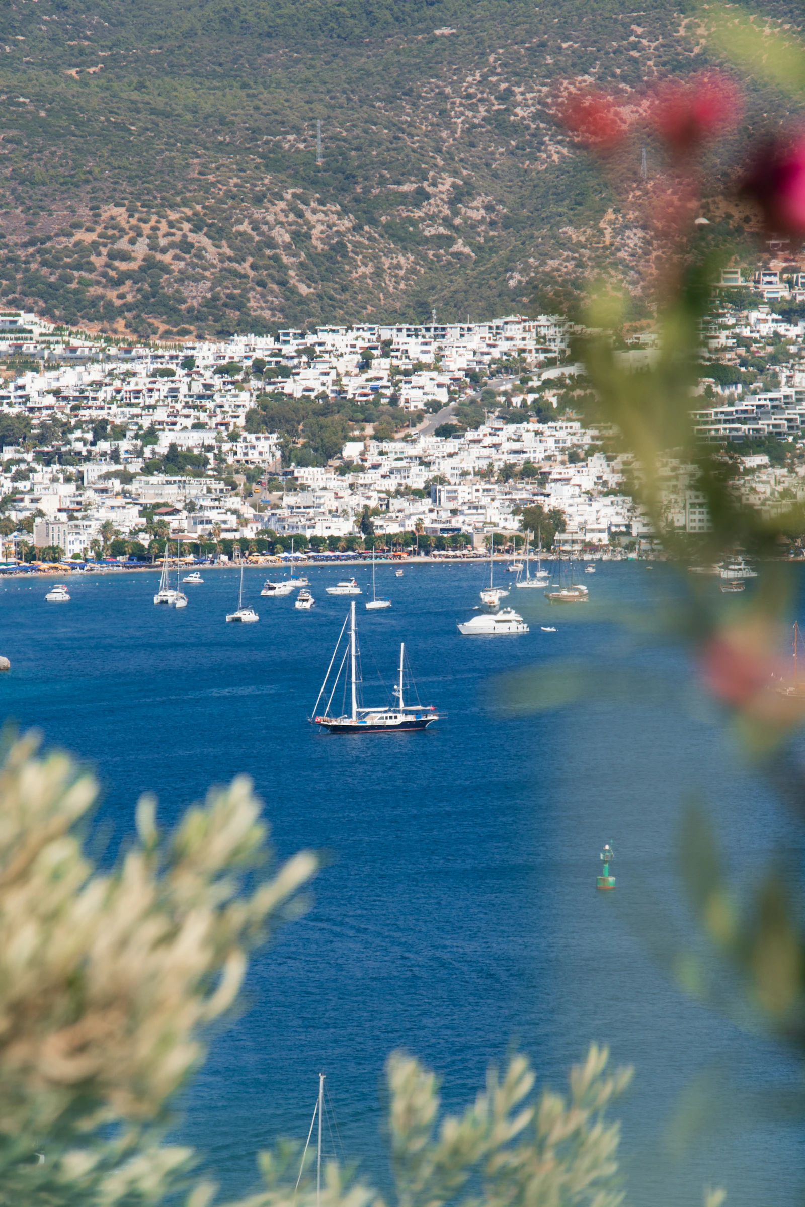Boats moored in Bodrum marina beneath the castle