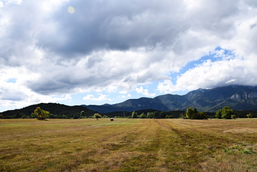 a large open field with mountains in the background