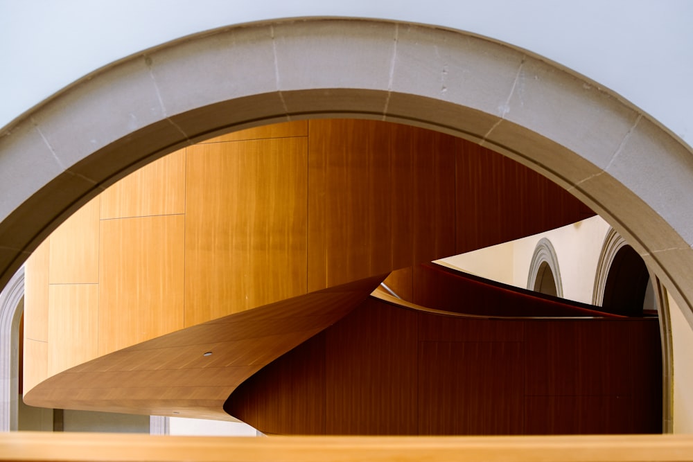 a wooden spiral staircase