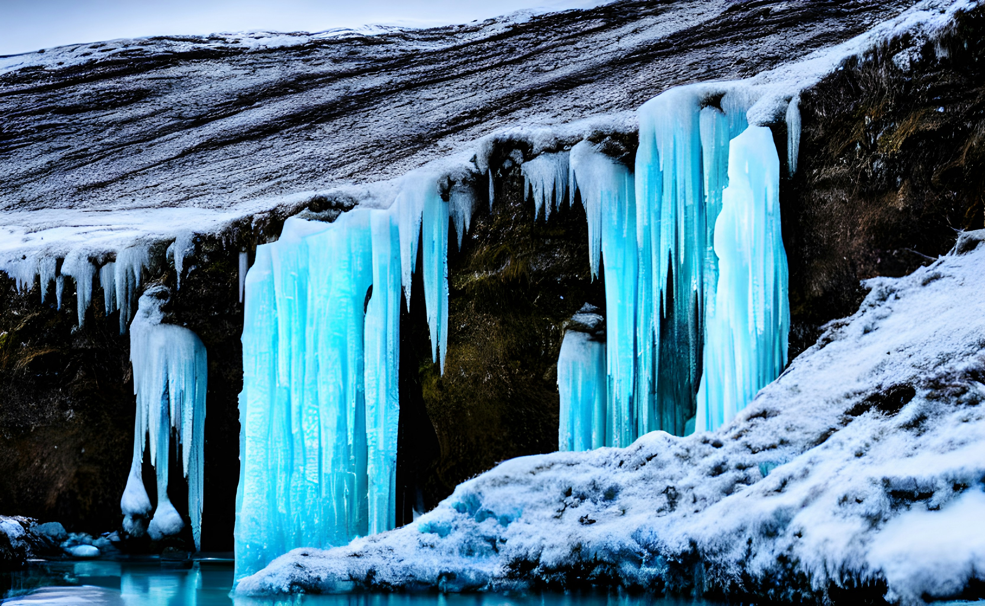 Una cascada congelada con carámbanos en ella por la noche foto – Imagen de  Luz de la luna gratuita en Unsplash, image size:3000x1846