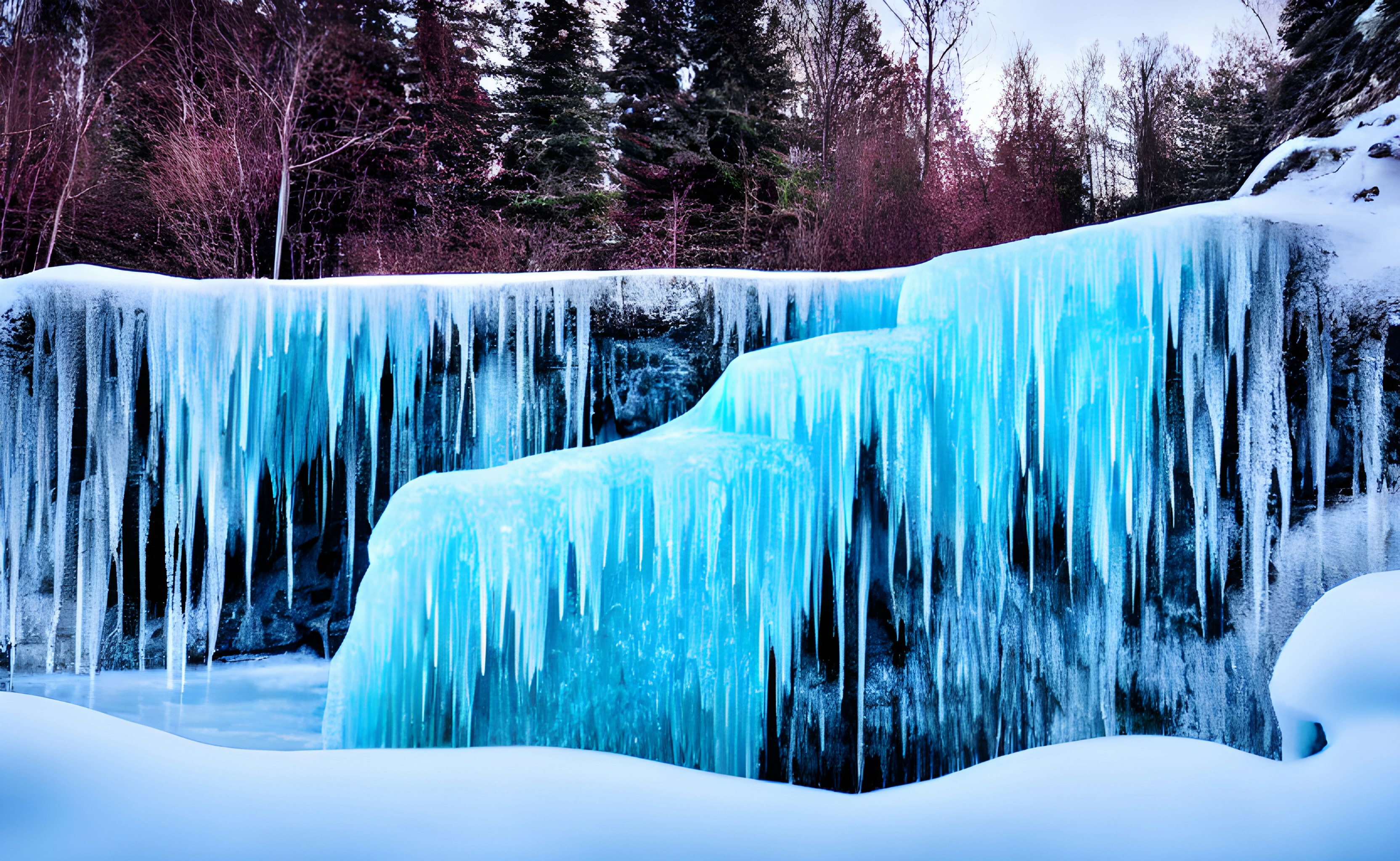 a large waterfall with ice on the sides