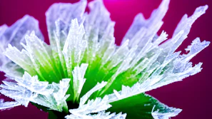 Abstract mineral formations illuminated with soft purple and green hues.