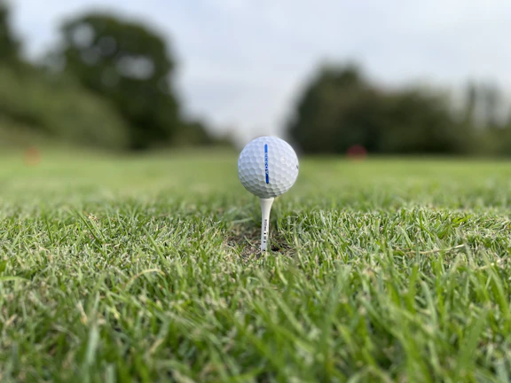 A close-up of a golf ball teed up against a soft morning light.