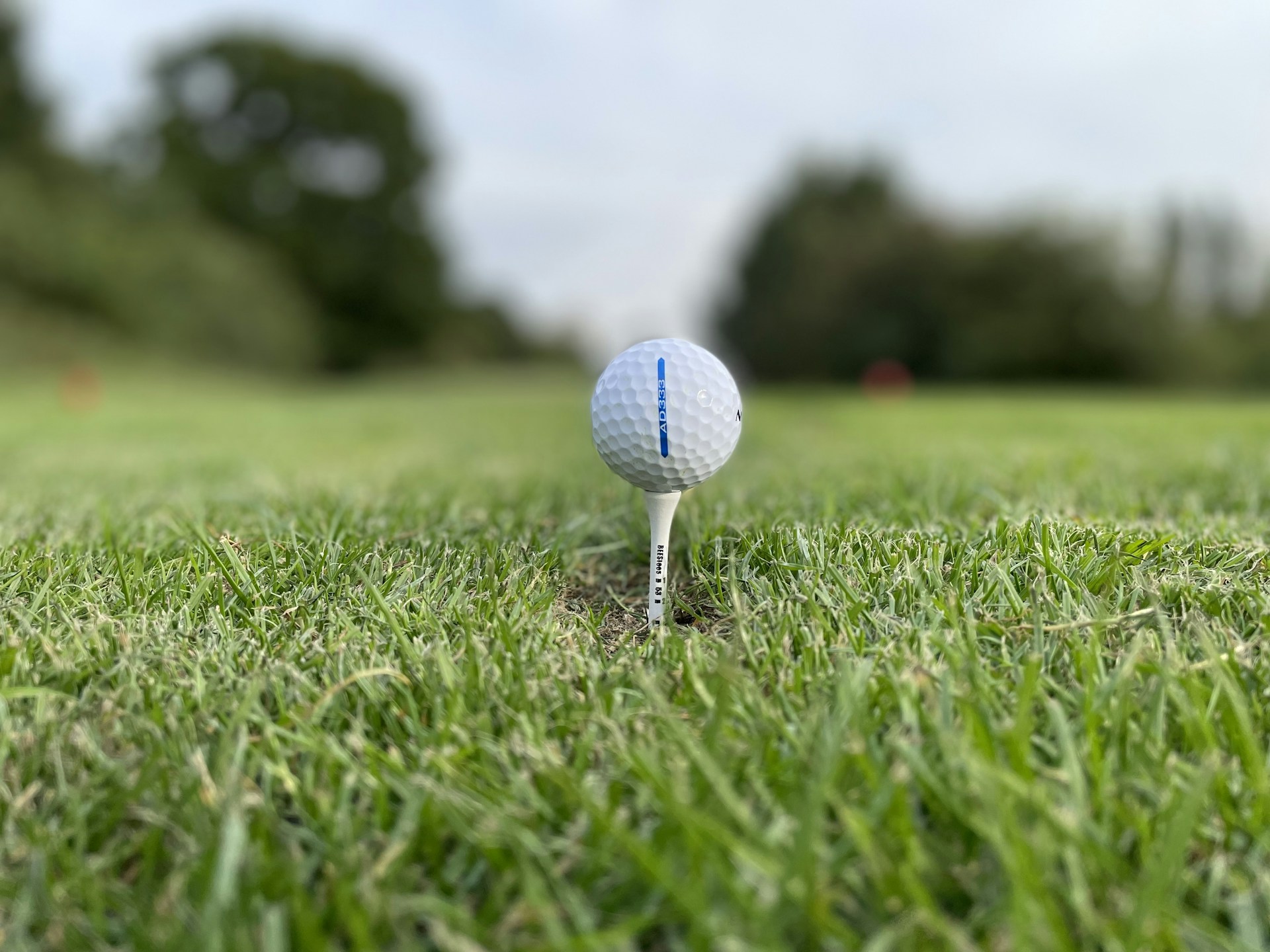 A close-up of a golf ball resting on a tee, ready for a perfect drive.