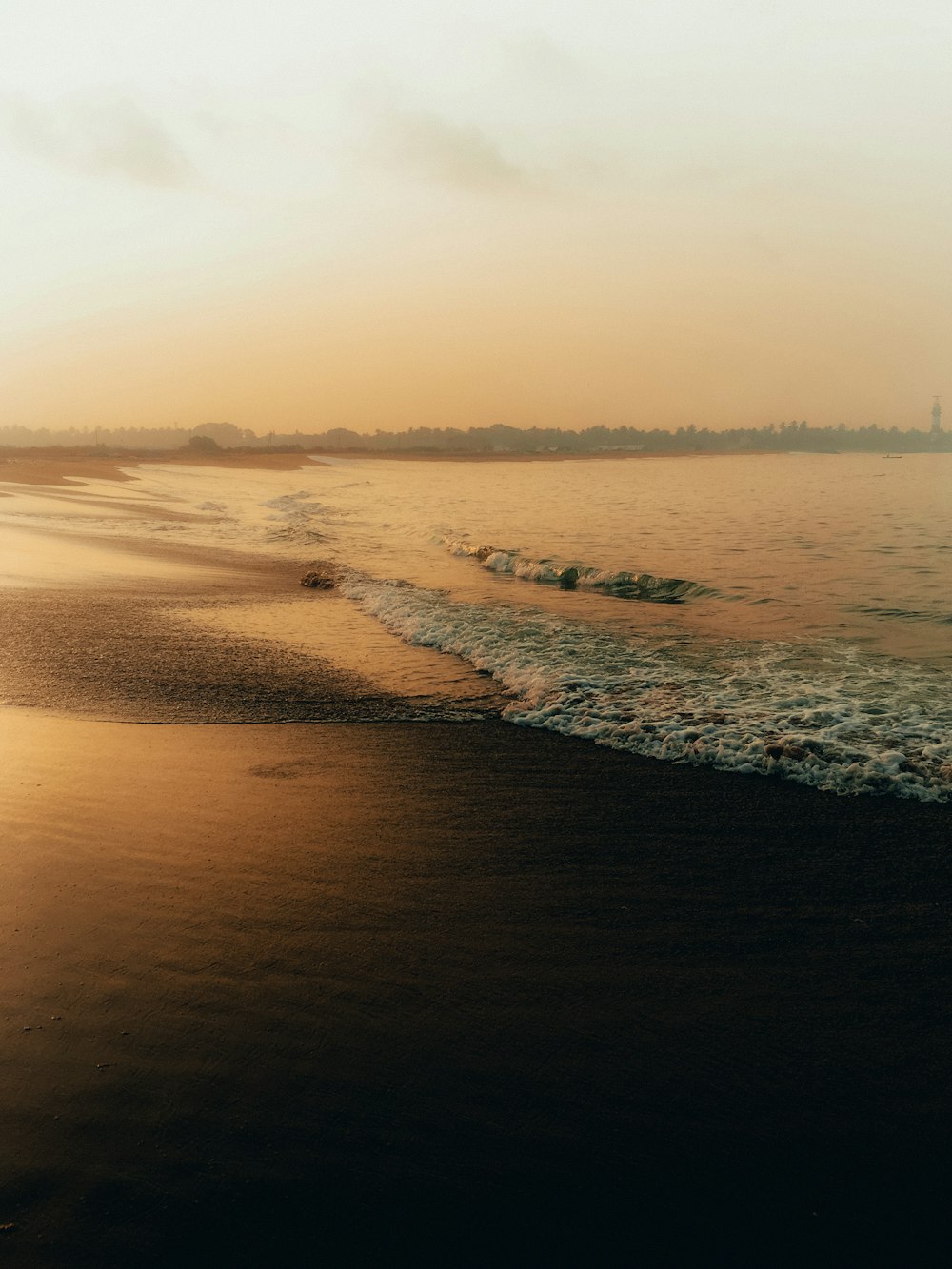 a beach with waves and land in the background