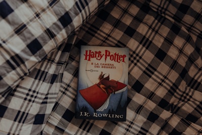 A book titled 'Harry Potter e la Camera dei Segreti' by J.K. Rowling is placed on a checkered fabric background. The cover features an illustration with a character flying on a red vehicle or creature.