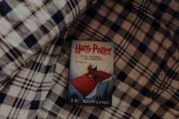 A book titled 'Harry Potter e la Camera dei Segreti' by J.K. Rowling is placed on a checkered fabric background. The cover features an illustration with a character flying on a red vehicle or creature.