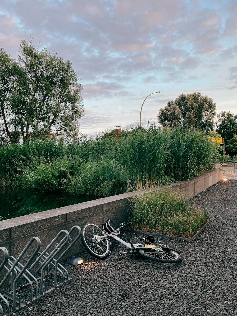 a bicycle parked on a road