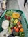 A shopping cart filled with a variety of fresh vegetables and fruits. Items visible include a halved pumpkin, radishes, bananas, tomatoes, onions, cauliflower, asparagus, avocado, and some leafy greens. The cart is in a grocery aisle, with the floor made of textured tiles and other shoppers passing by.