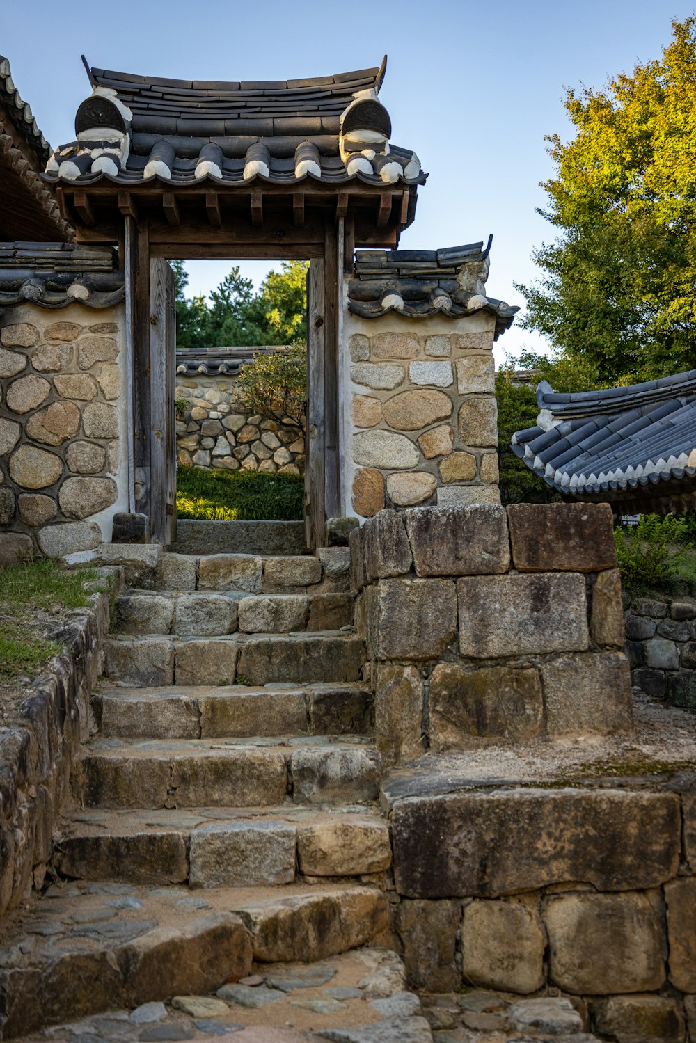 a stone building with a stone staircase