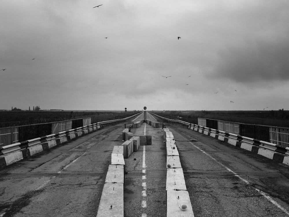 a road with a fence and a road with birds flying