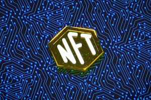 An abstract digital artwork featuring the letters 'NFT' in bold white typography, set within a hexagonal shape with a glowing yellow outline. The background consists of an intricate pattern of blue circuit lines on a dark backdrop, suggesting a theme of technology or the digital realm.