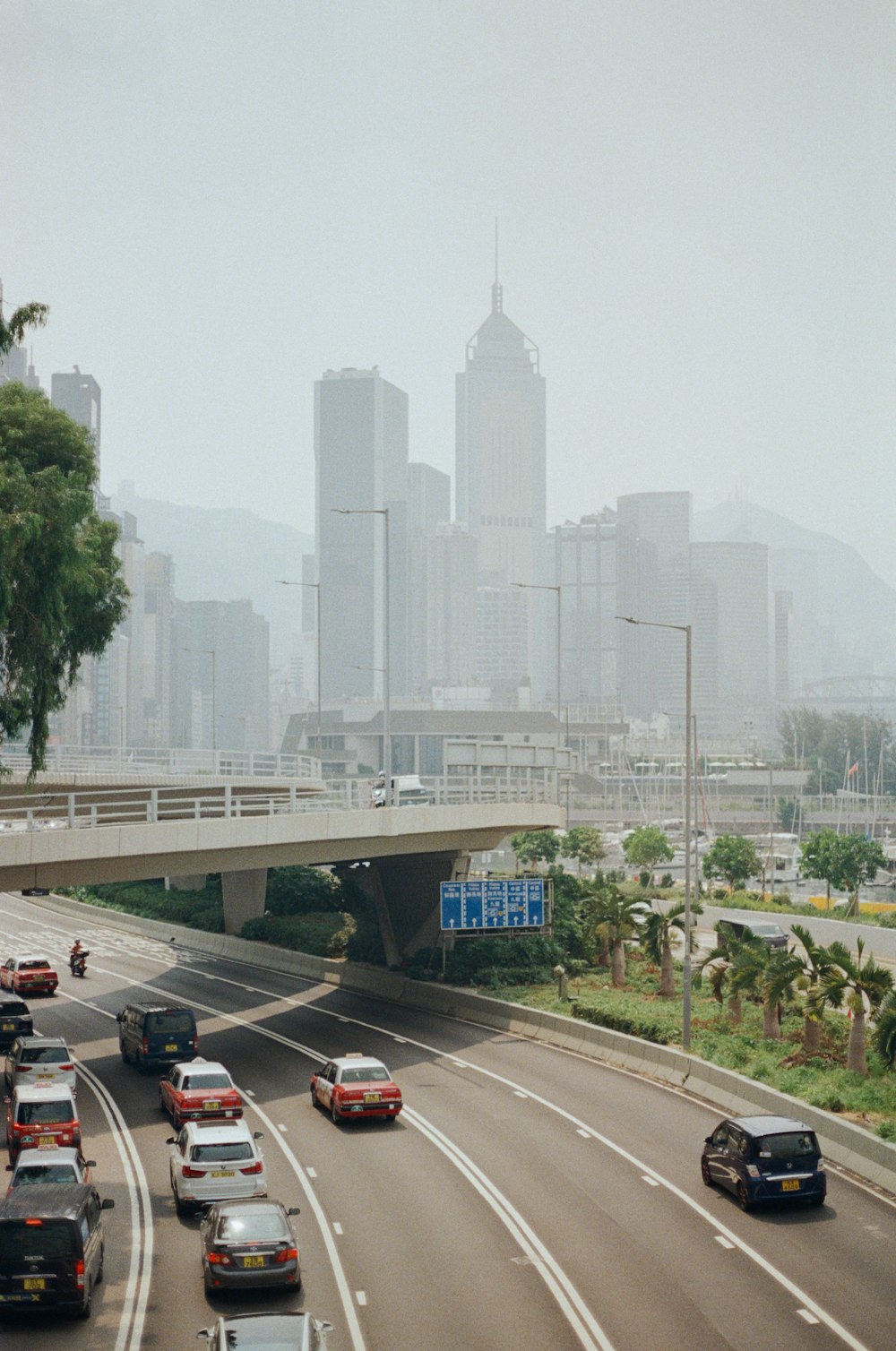 a freeway with cars on it and a city in the background
