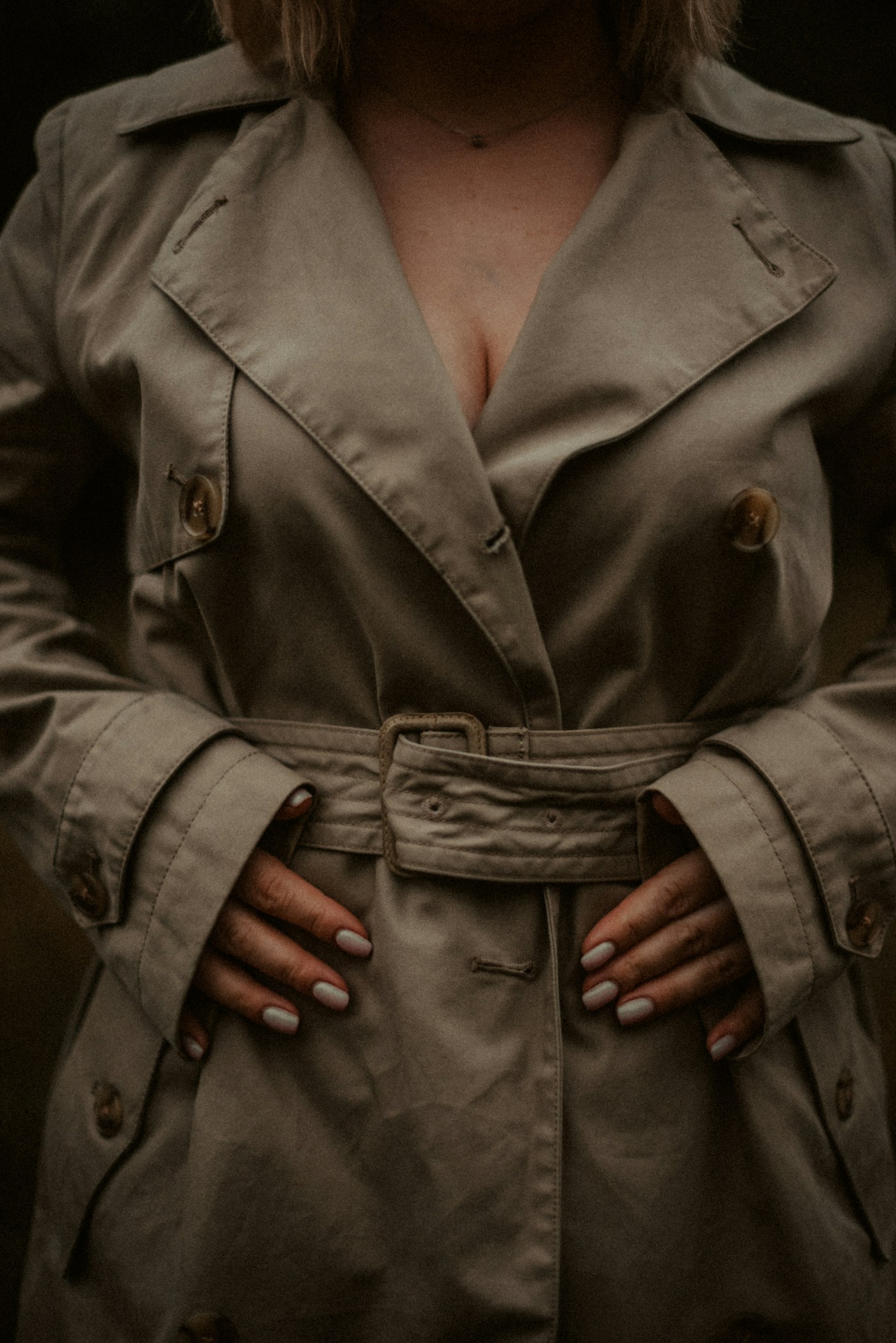 Spring St Trench — collar, lapel, and throat-latch detail