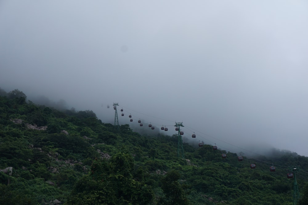 a group of cable cars going over a hill