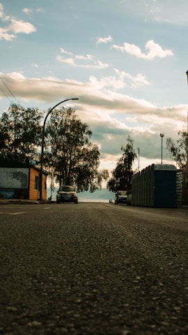 A low-angle view of a street with a car parked on the left and portable toilets lined up on the right side. Trees with sparse leaves are seen along the street, and in the background, a cloudy sky is visible.