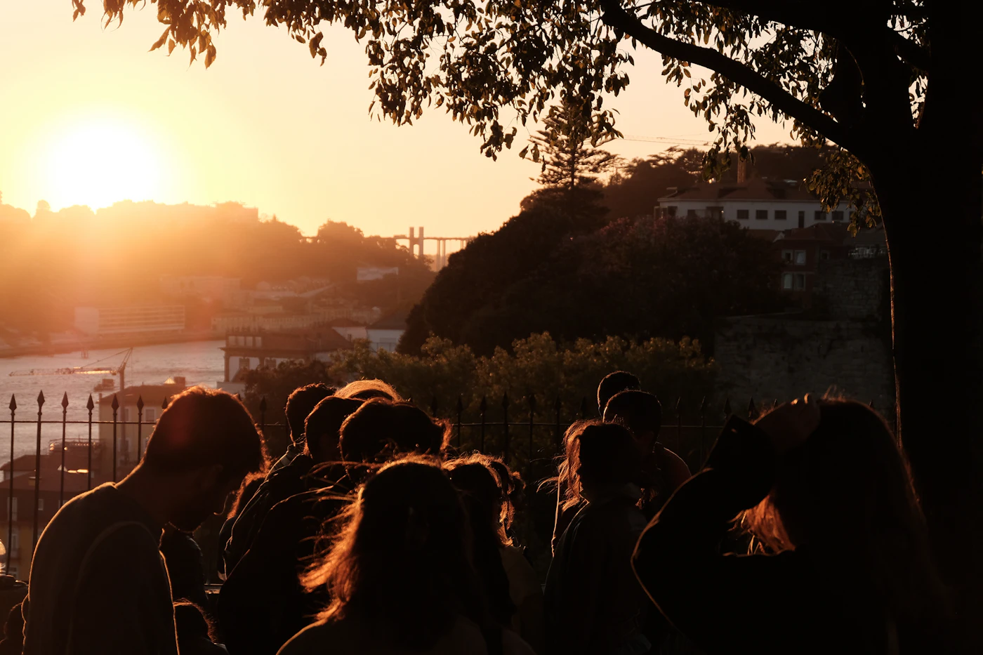People watching the golden light over the Douro River in Porto