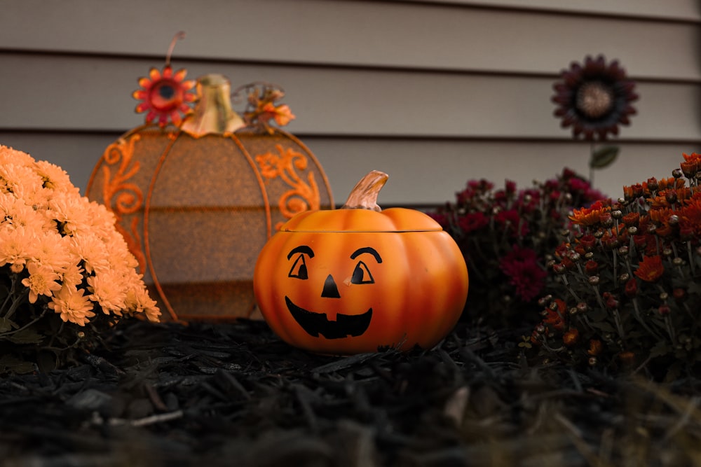 carved pumpkins with faces carved into them