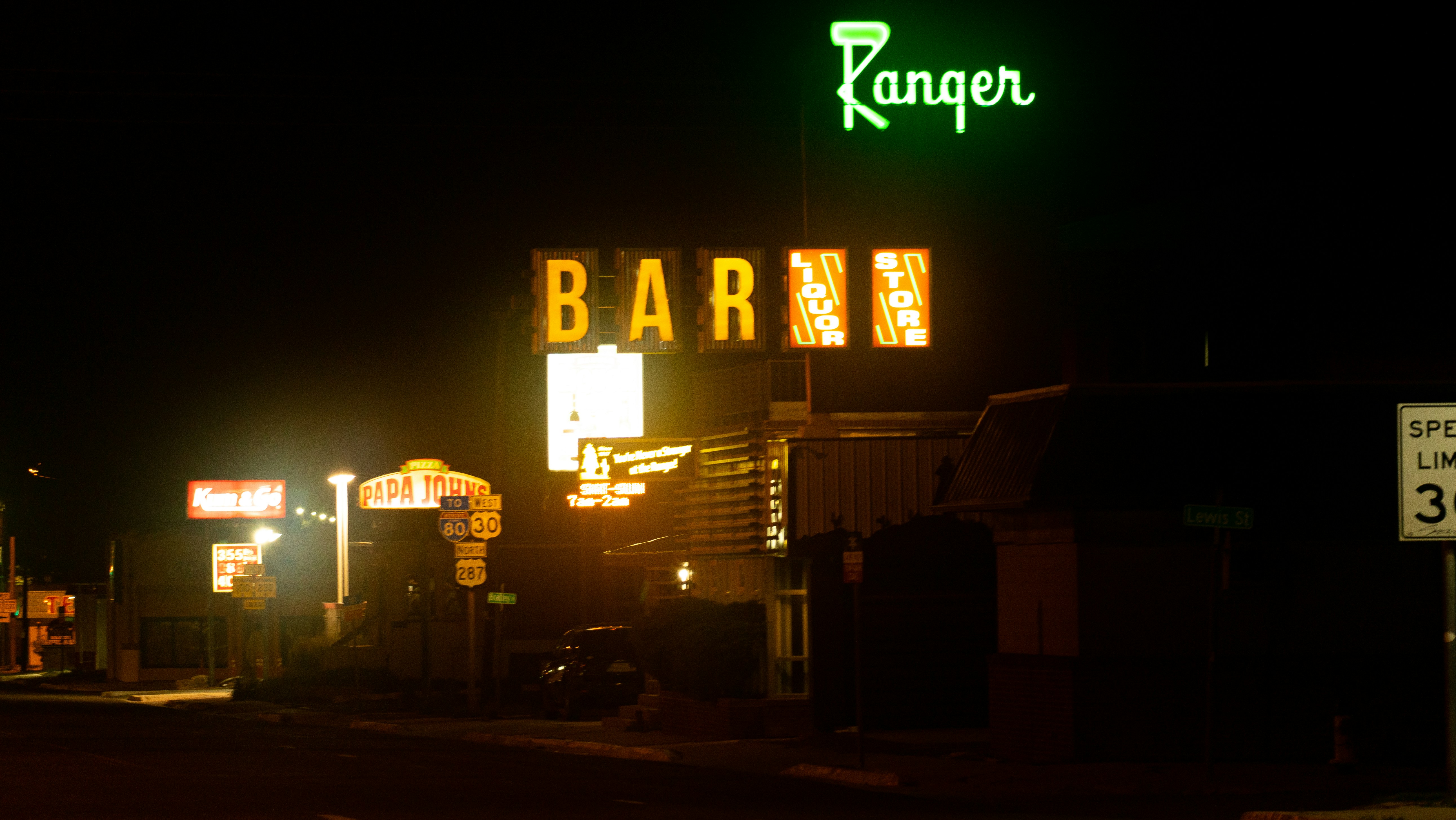 a gas station at night