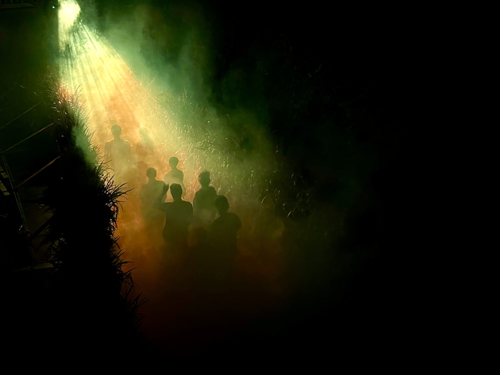 a group of people standing in a dark room with green lights