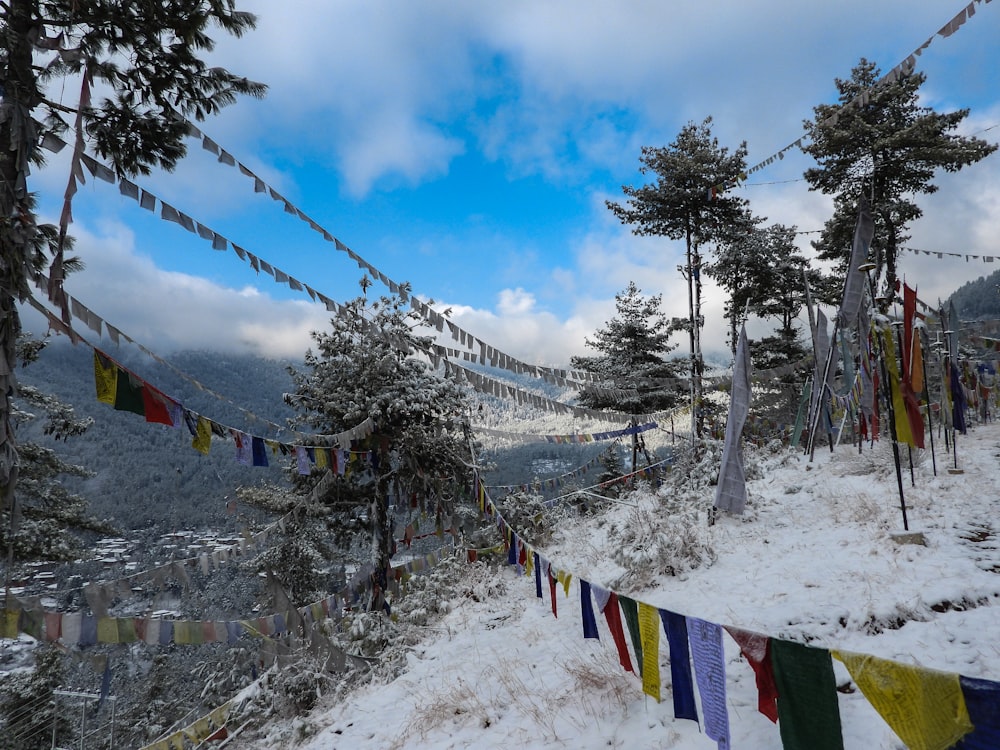 a snowy mountain with flags