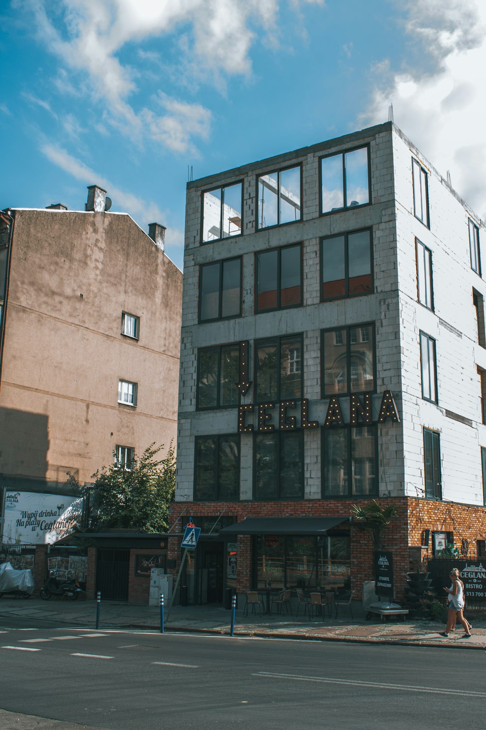 a building with a street in front