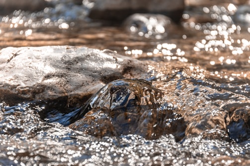 Clear water flows gently over rocks, reflecting sunlight with a sparkling effect. The focus is on the dynamic movement and glass-like texture of the water, creating a serene and natural setting.