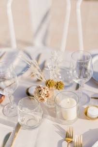 Sophisticated engagement party decor with minimalist design and luxurious golden details.