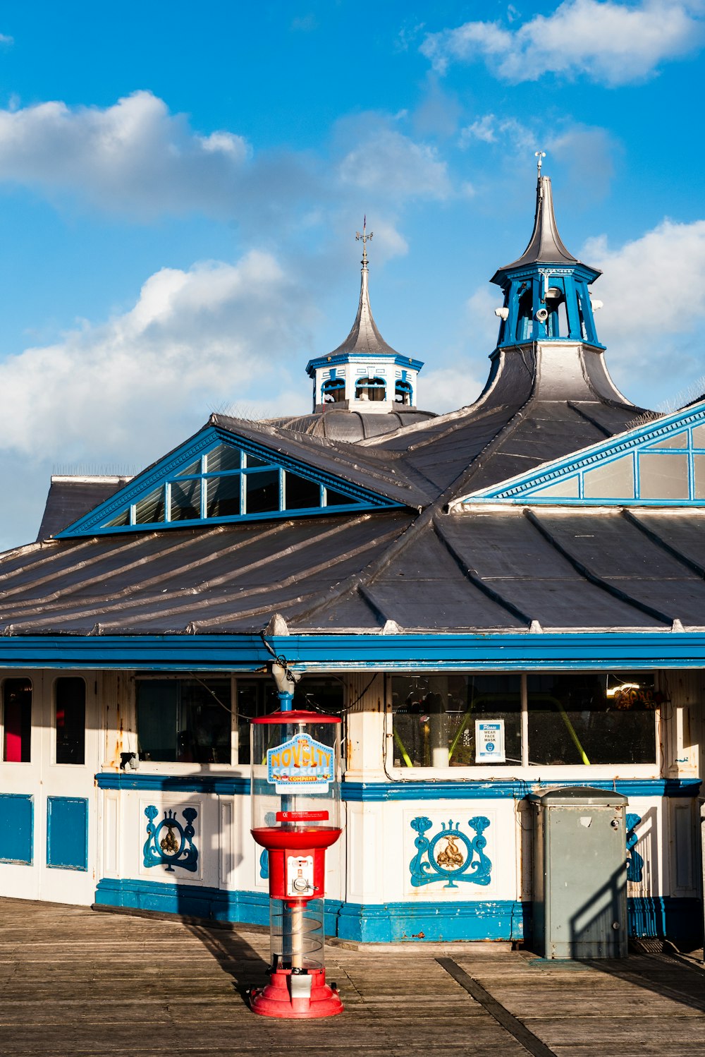 a building with blue rooftops