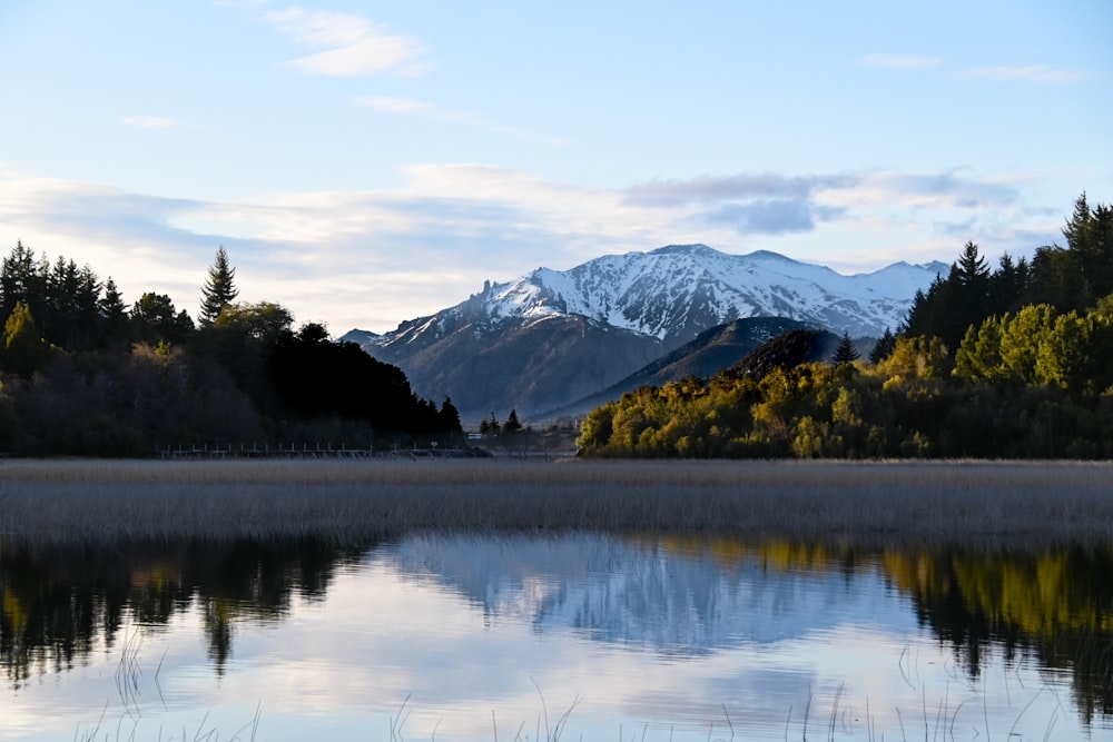 a lake with trees and mountains in the background