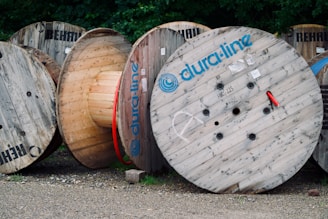 a group of cable drums